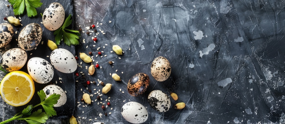 Poster Food concept featuring quail eggs lemon sesame and spices on a rustic dark surface with available copy space image