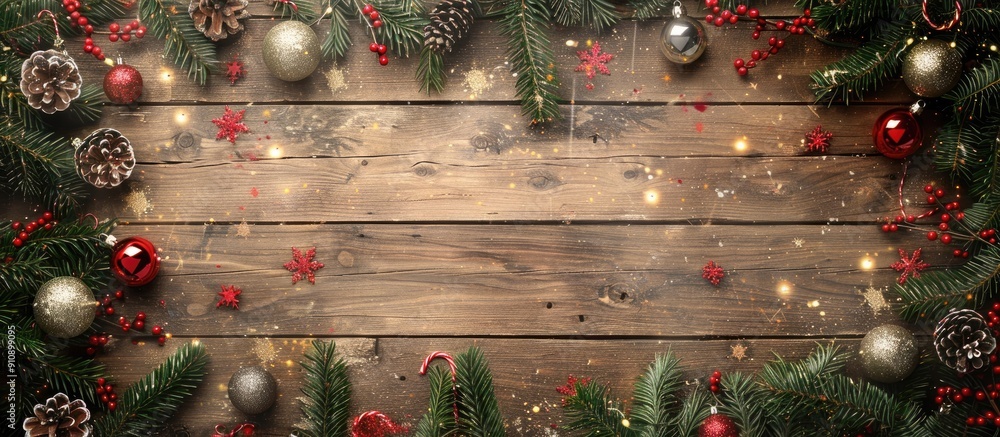 Poster festive christmas frame idea featuring xmas tree elements and ornaments on a vintage wooden textured