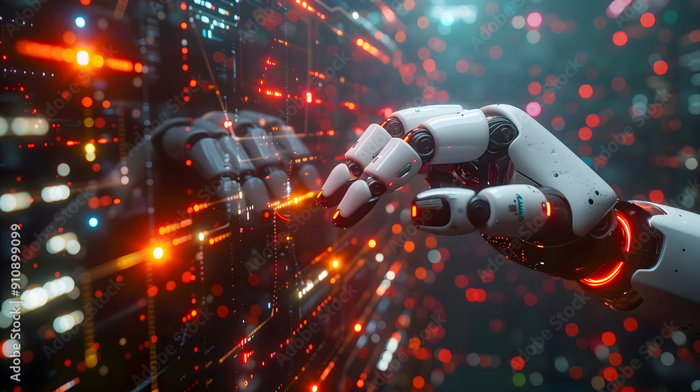 Poster robot hand pressing on virtual digital screen big data connection technology ai machine learning ide