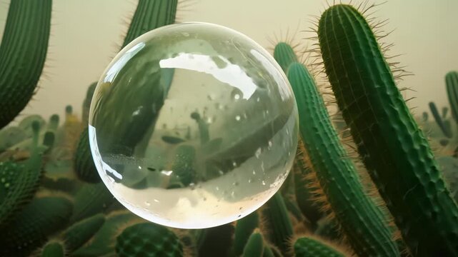 Translucent crystal ball floats through dense cactus maze. Bubble undulates, reflecting surrounding cacti. Muted color palette enhances surreal atmosphere.	