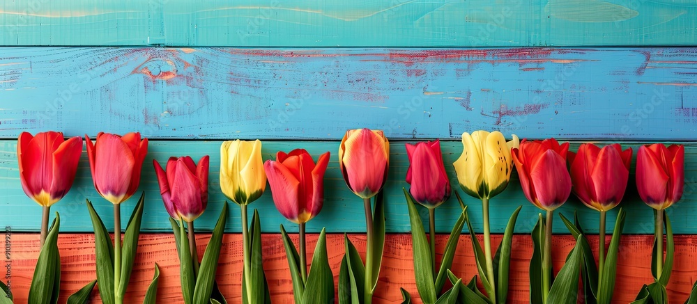 Poster tulips arranged attractively on a colorful wooden backdrop with copy space image