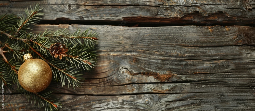 Aufkleber A festive Christmas decoration featuring a fir branch and a sizable golden ornament on a rustic wooden backdrop perfect for a copy space image