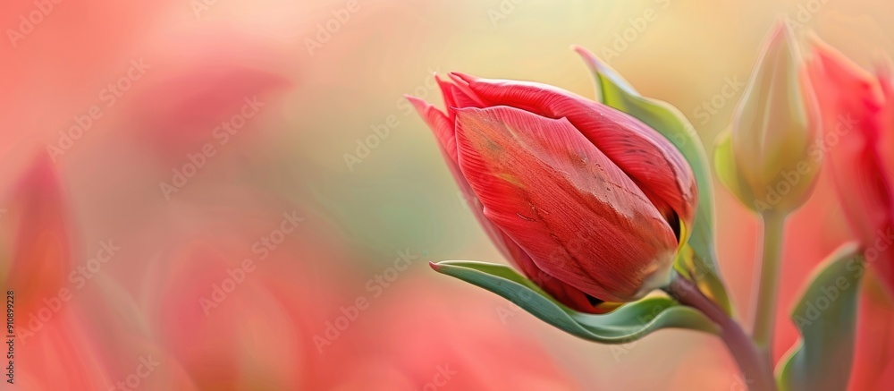 Poster top view of a red tulip bud with a soft focus featuring a blurry background ideal for wallpapers and