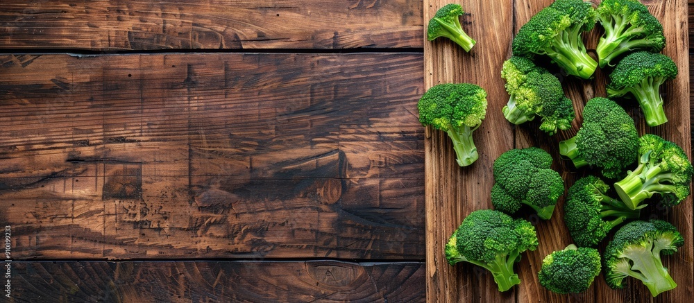 Aufkleber Top view of organic broccoli florets on a wooden board with copy space image for added text or elements