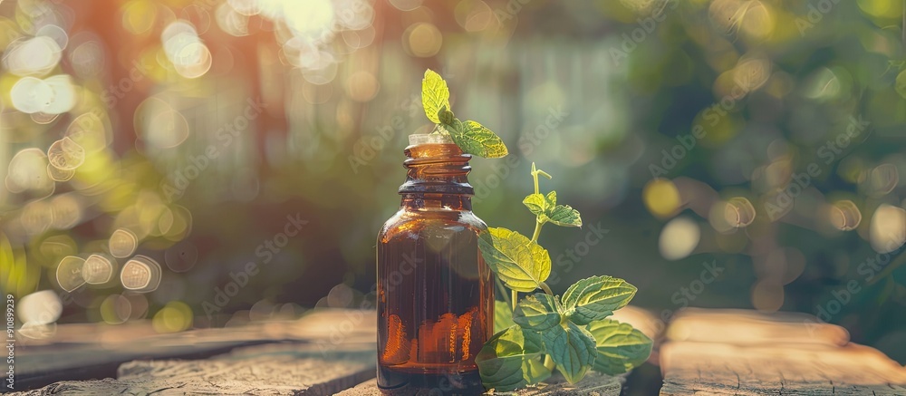 Poster Selective focus on a bottled peppermint essential oil in a nature themed setting with copy space image available