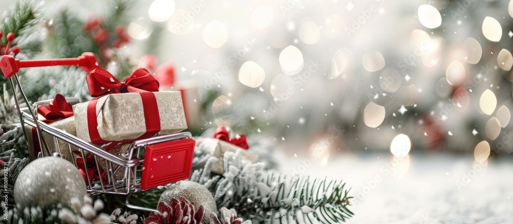 Aufkleber white christmas background with a shopping cart filled with gifts suitable for copy space image