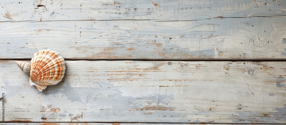 Poster light wooden background with a sea shell providing copy space image