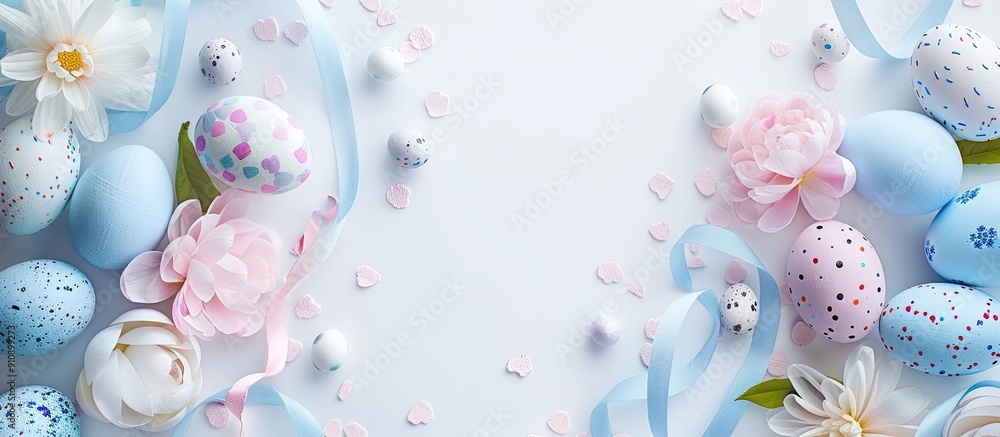 Poster easter themed background featuring pastel colored eggs flowers candy and ribbons on a white backdrop