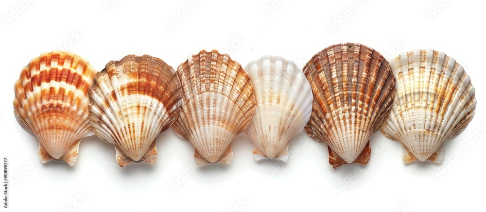 Aufkleber several fresh scallop seashells arranged on a white backdrop providing ample copy space image