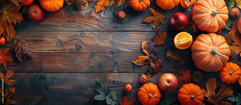 Poster Top view of a wooden table adorned with autumn pumpkins fruits and fall leaves creating a Thanksgiving themed setting with ample copy space image