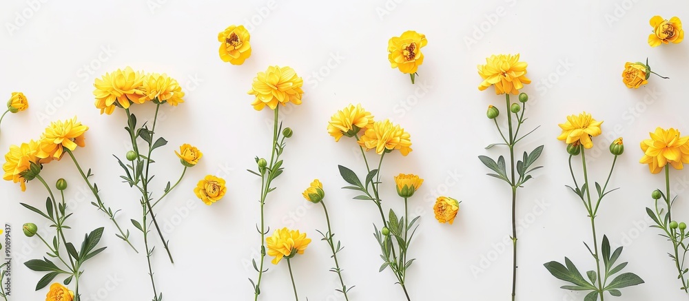 Poster yellow flowers arranged on a white surface symbolizing summer and autumn in a flat lay style with a 