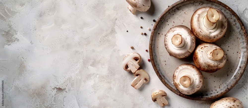 Aufkleber A rustic top view image of a champignon slice on a plate set on a table with a copy space food background showcases a delightful mushroom snack or meal