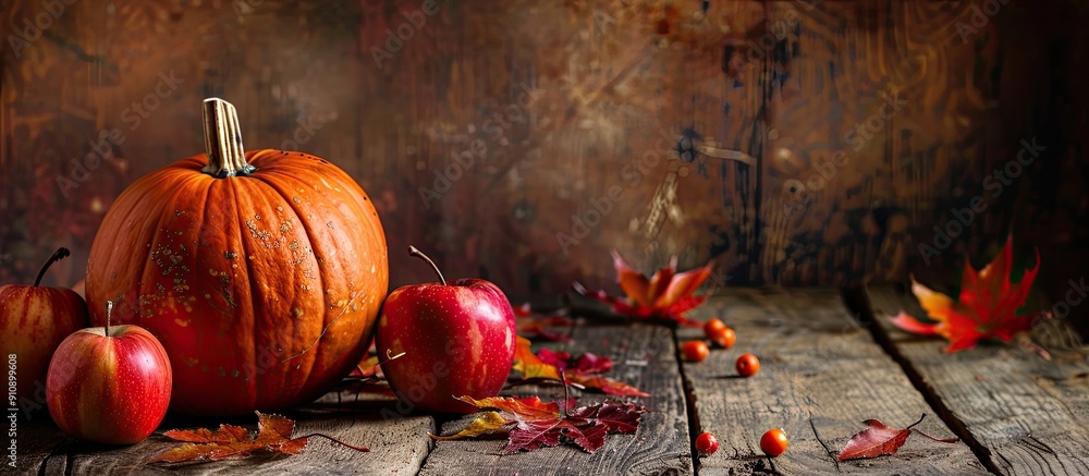 Poster a festive autumn setting with a ripe pumpkin apples and leaves on a wooden table perfect for thanksg