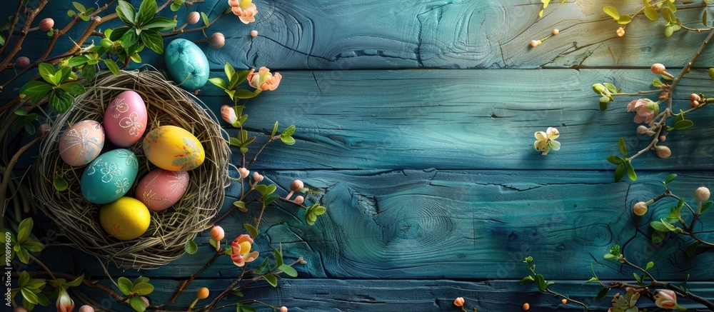 Poster Rustic wooden boards display a colorful Easter scene with eggs in a nest ideal for a copy space image