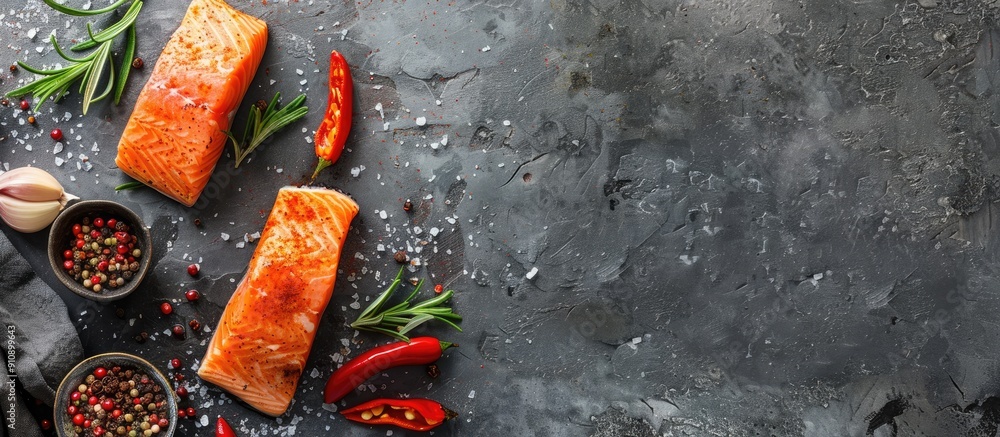 Poster salmon fish and spices on a stone background perfect for a healthy food concept with available copy 