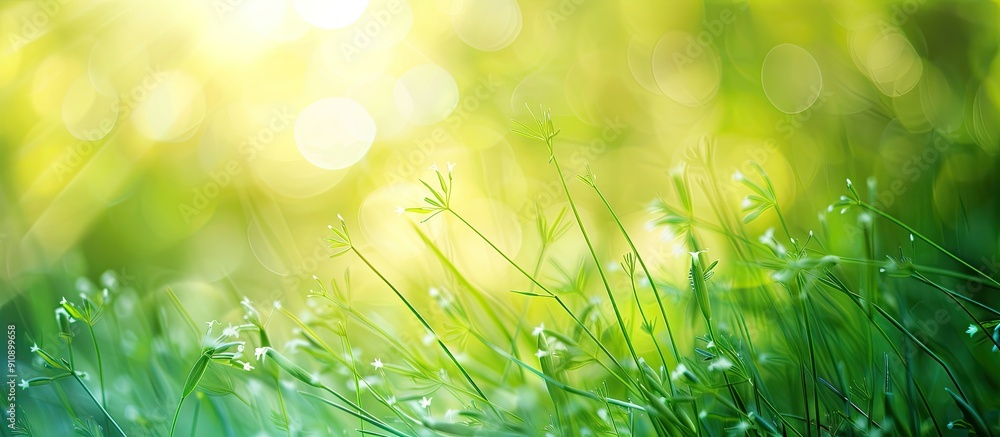 Fototapete A wide format close up outdoors image of vibrant green meadow grass in spring or summer It showcases nature s freshness with copy space and an abstract bokeh background