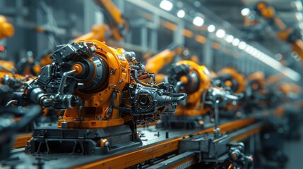 Fototapeta premium An automotive factory's engine assembly line, with workers and robotic arms building engines in a bright, industrial environment.
