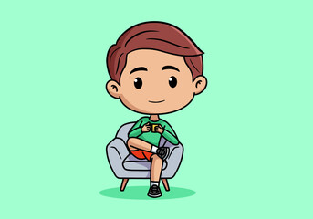 Cute boy character sitting on the sofa and drinking coffee design
