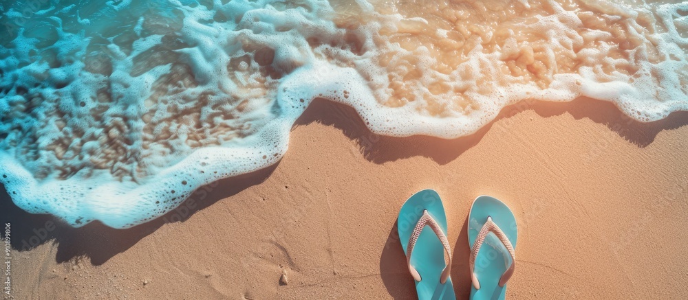 Poster Summer vibes with flip flops on a sandy beach setting a relaxed mood with a copy space image