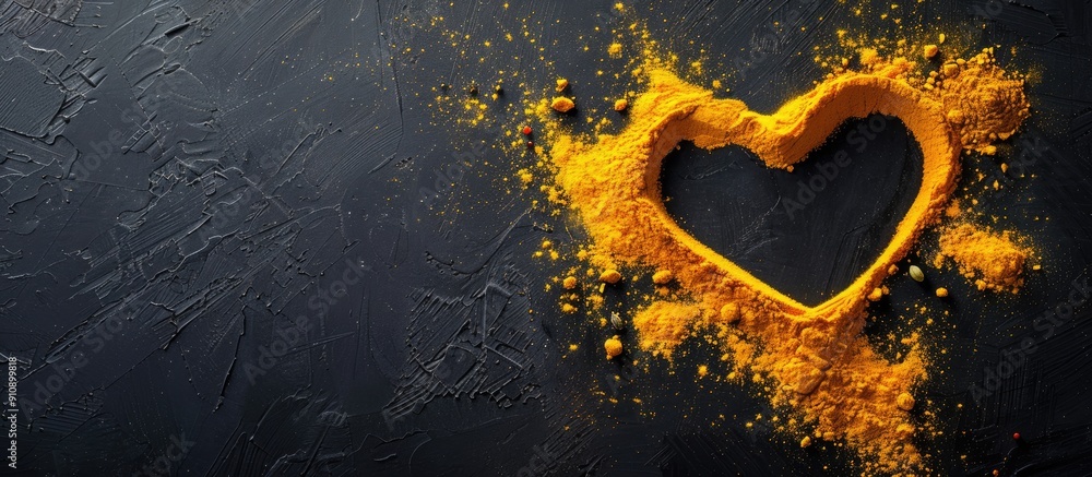 Poster a heart shape created from yellow spices on a black background for a cookery theme with copy space f