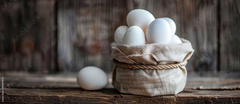 Poster Organic white eggs are displayed in a canister on a rustic background with a paper and wood texture offering ample space for text or an image