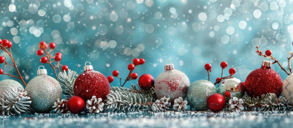Aufkleber Glittery Christmas ornaments displayed on a festive background creating a beautiful border design for a banner with copy space image