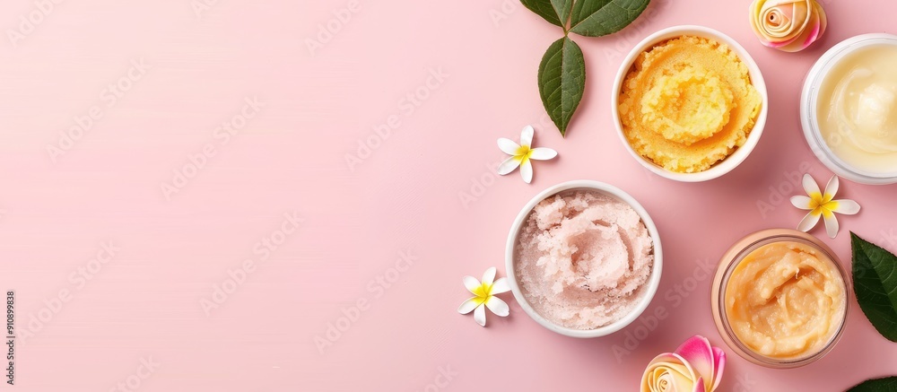 Poster natural body scrub face cream and skin clay mask in cosmetic containers arranged on a pink backgroun