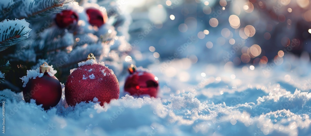 Aufkleber ornaments resting on snow covered ground surrounded by a snowy landscape and a copy space image