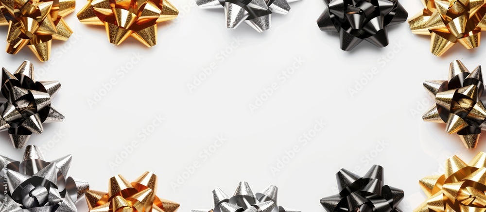 Poster various silver gold and black festive bows encircle a white backdrop creating a stylish border for a