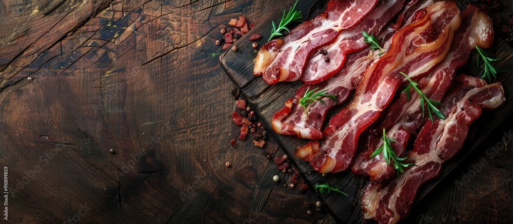 Aufkleber Fresh bacon strips displayed on a rustic table with a top view creating a mouth watering copy space image for a delicious snack