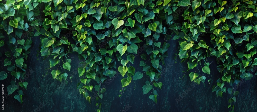 Aufkleber Spring ivy drapes a wall with lush green leaves creating a backdrop for a copy space image with a solid leafy texture