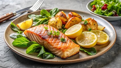 A simple yet appealing lunch plate with a salmon steak, roasted potato slices, and a mixed green salad. The plate is garnished with a lemon wedge and a sprinkle of sea salt.