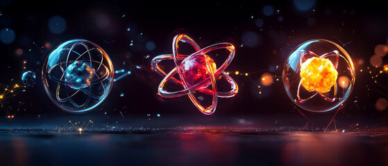 Vibrant, artistic depiction of atoms showcasing energy and motion in a dynamic, abstract background with glowing effects.