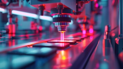 Fototapeta premium Lithography process in semiconductor manufacturing, with UV light beams exposing patterns on silicon wafers in a brightly lit, sterile cleanroom environment.