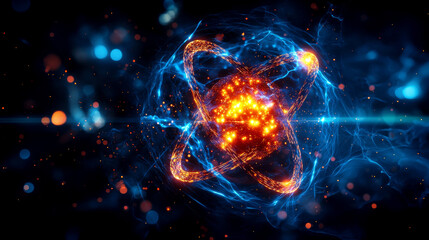 Vibrant depiction of an atom with glowing particles and energy lines, showcasing scientific concepts in a visually striking manner.