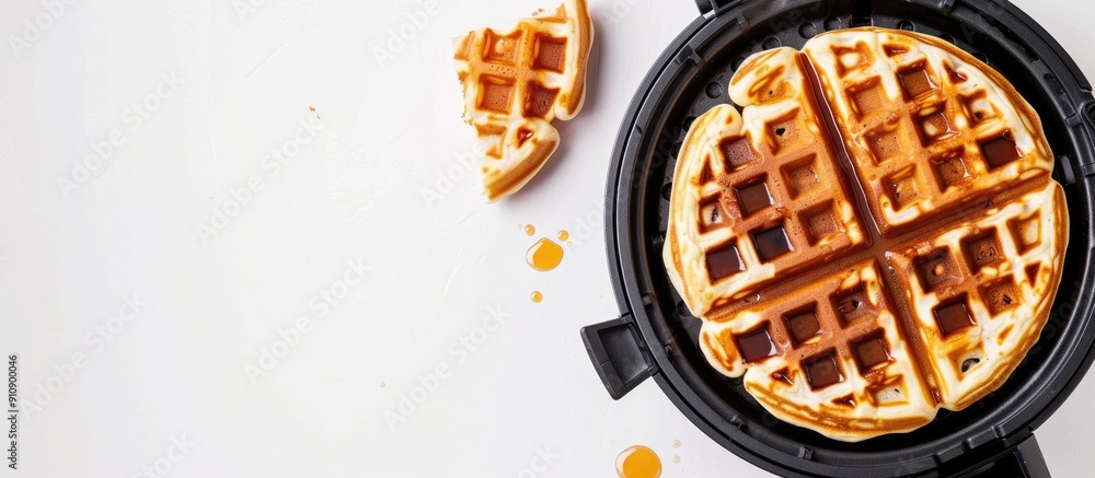 Aufkleber Fresh waffles cooked in a waffle maker shown from above with a white background creating a copy space image