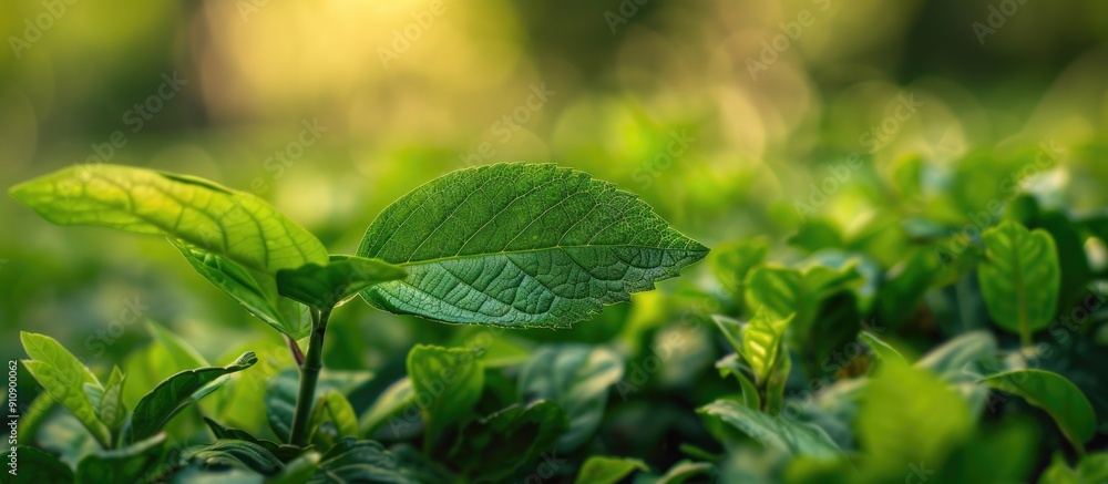 Poster a serene image of a green leaf in a garden surrounded by lush greenery perfect for a natural backdro