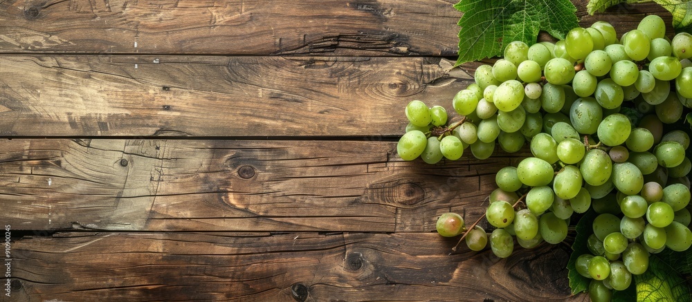 Poster Fresh green grapes with a bunch and vine leaf displayed on a wooden background in a top view flat lay style with copy space image
