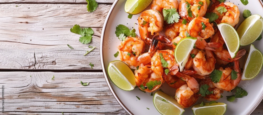 Poster a tasty dish of crispy fried shrimp topped with lime wedges and fresh coriander on a white plate pla