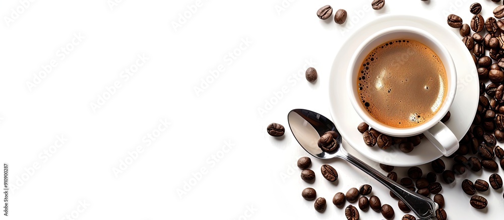 Poster a white background displays a cup of coffee surrounded by beans accompanied by a spoon providing cop