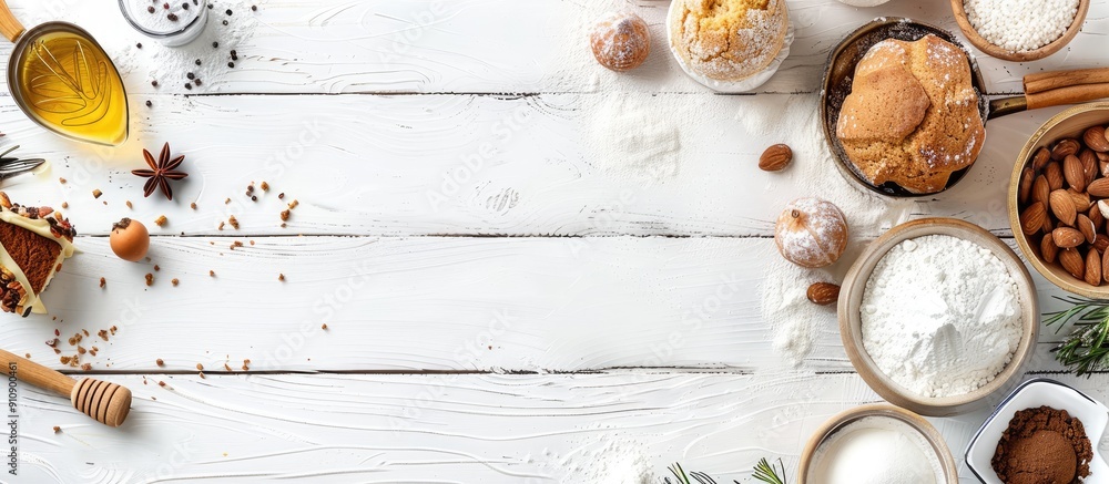Poster ingredients for baking cake pastry or cookies on a white wooden backdrop in a top view copy space im