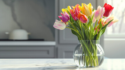 A bouquet of vibrant, multicolored tulips in a glass vase on a white marble countertop, with a minimalist background.
