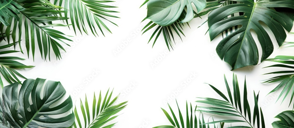 Poster Flat lay top view of a tropical green palm leaves and branches pattern frame isolated on a white background with abstract copy space image