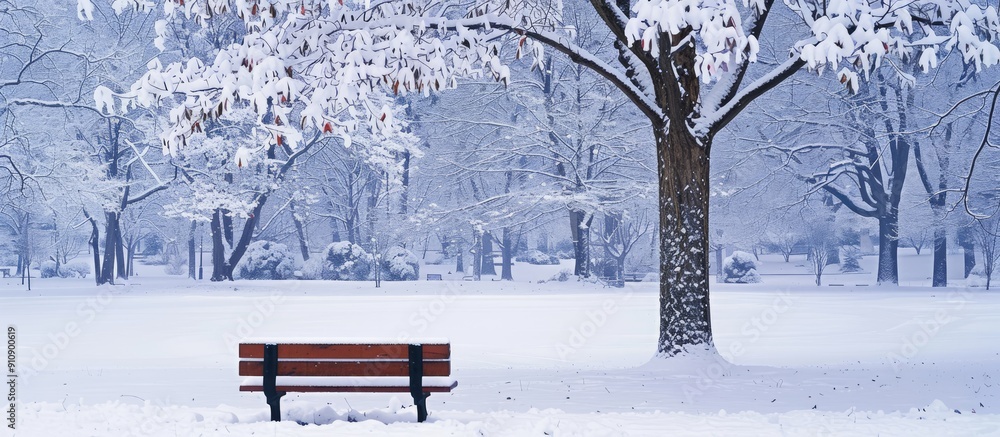 Leinwandbilder a snow covered winter park bench with ample copy space image for background use