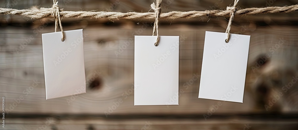 Aufkleber White paper cards hanging from a rope on a wooden backdrop ideal for a copy space image