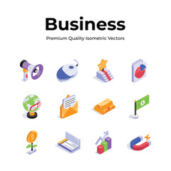 Isometric icon set illustrating marketing, communication, finance, and business growth tools and concepts.