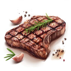 A realistic illustration of a grilled steak with garnish, presented as a gourmet dish with succulent colors, isolated on a white background for a clear and appealing look.