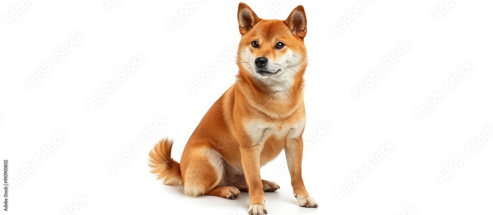 Poster Red haired Japanese Shiba Inu dog sits happily in a front view pose on a white background perfect for a copy space image