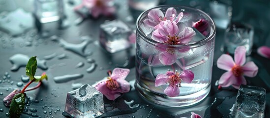 Table with a glass of water and decorative ice cubes with flowers floating in it providing a copy space image