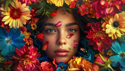 Portrait of Woman Surrounded by Vivid Flowers, Artistic and Expressive, Colorful Setting